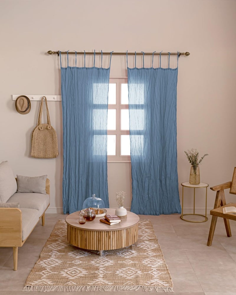 TARAN LIVING Cotton Sheer Crinkle Curtains 84" Long for Bedroom Living Room 42" Wide DÃ©cor Window Treatment Rod Pocket 2 Panel Curtain Drapes for Home Decorations - Blue - Image 1